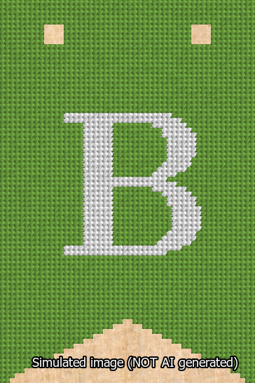 A simulated image of the stitched needlepoint design: Banner 13m Forked B White on Light Green. Not A.I. generated.