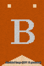 A simulated image of the stitched needlepoint design: Banner 13m Forked B White on Orange. Not A.I. generated.