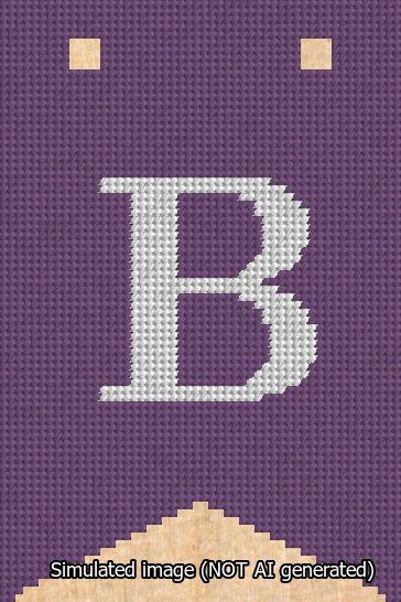 A simulated image of the stitched needlepoint design: Banner 13m Forked B White on Purple. Not A.I. generated.
