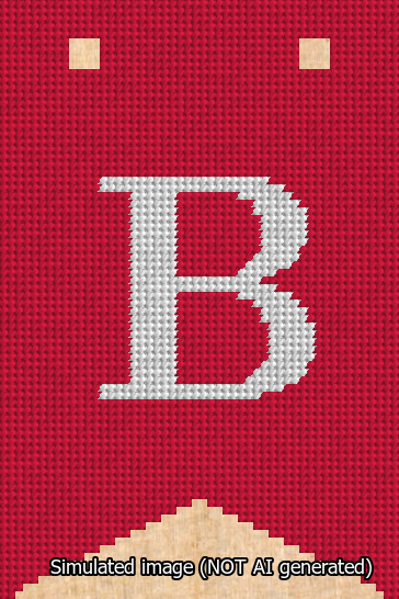 A simulated image of the stitched needlepoint design: Banner 13m Forked B White on Red. Not A.I. generated.