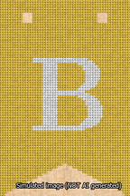 A simulated image of the stitched needlepoint design: Banner 13m Forked B White on Yellow. Not A.I. generated.