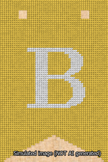 A simulated image of the stitched needlepoint design: Banner 13m Forked B White on Yellow. Not A.I. generated.