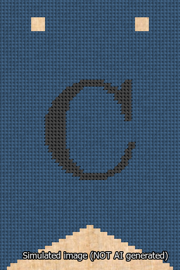 A simulated image of the stitched needlepoint design: Banner 13m Forked C Black on Blue. Not A.I. generated.
