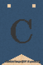 A simulated image of the stitched needlepoint design: Banner 13m Forked C Black on Blue. Not A.I. generated.