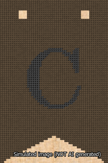 A simulated image of the stitched needlepoint design: Banner 13m Forked C Black on Brown. Not A.I. generated.