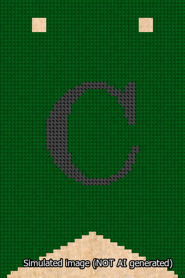 A simulated image of the stitched needlepoint design: Banner 13m Forked C Black on Green. Not A.I. generated.