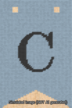 A simulated image of the stitched needlepoint design: Banner 13m Forked C Black on Light Blue. Not A.I. generated.