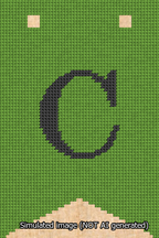 A simulated image of the stitched needlepoint design: Banner 13m Forked C Black on Light Green. Not A.I. generated.
