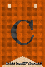 A simulated image of the stitched needlepoint design: Banner 13m Forked C Black on Orange. Not A.I. generated.