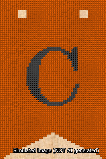 A simulated image of the stitched needlepoint design: Banner 13m Forked C Black on Orange. Not A.I. generated.