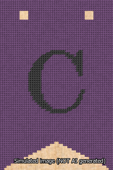 A simulated image of the stitched needlepoint design: Banner 13m Forked C Black on Purple. Not A.I. generated.