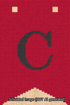 A simulated image of the stitched needlepoint design: Banner 13m Forked C Black on Red. Not A.I. generated.