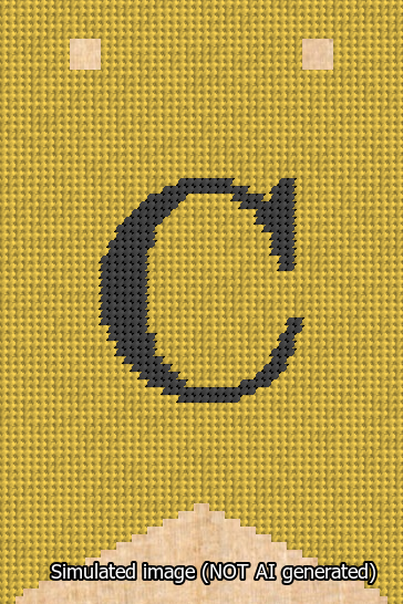 A simulated image of the stitched needlepoint design: Banner 13m Forked C Black on Yellow. Not A.I. generated.