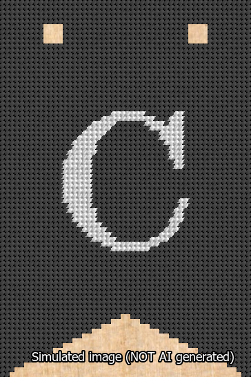 A simulated image of the stitched needlepoint design: Banner 13m Forked C White on Black. Not A.I. generated.