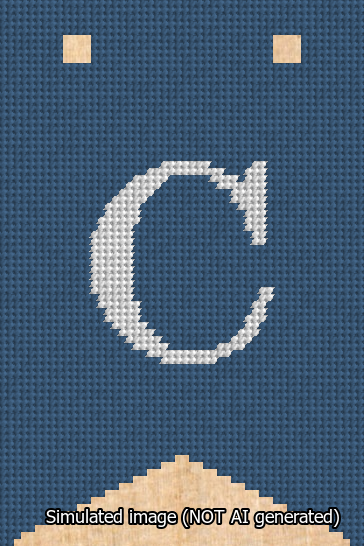 A simulated image of the stitched needlepoint design: Banner 13m Forked C White on Blue. Not A.I. generated.