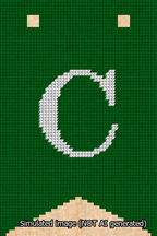 A simulated image of the stitched needlepoint design: Banner 13m Forked C White on Green. Not A.I. generated.