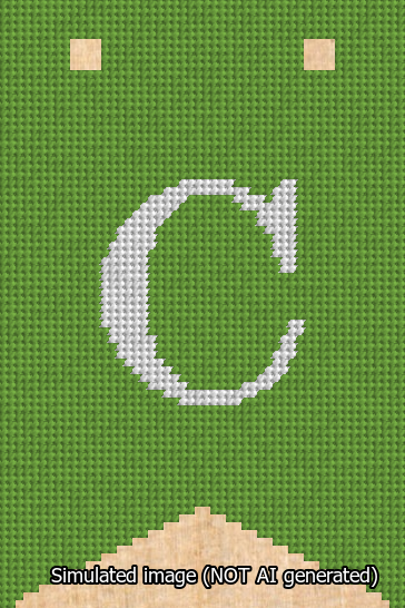 A simulated image of the stitched needlepoint design: Banner 13m Forked C White on Light Green. Not A.I. generated.