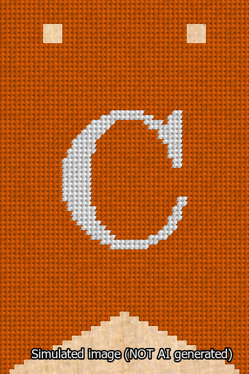A simulated image of the stitched needlepoint design: Banner 13m Forked C White on Orange. Not A.I. generated.