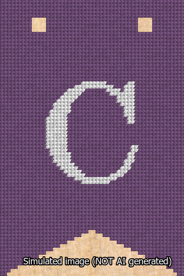A simulated image of the stitched needlepoint design: Banner 13m Forked C White on Purple. Not A.I. generated.