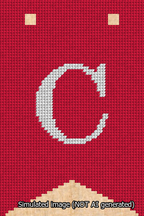 A simulated image of the stitched needlepoint design: Banner 13m Forked C White on Red. Not A.I. generated.