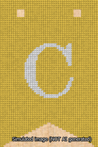 A simulated image of the stitched needlepoint design: Banner 13m Forked C White on Yellow. Not A.I. generated.