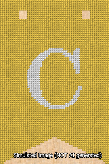 A simulated image of the stitched needlepoint design: Banner 13m Forked C White on Yellow. Not A.I. generated.