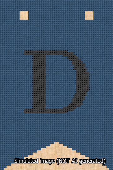 A simulated image of the stitched needlepoint design: Banner 13m Forked D Black on Blue. Not A.I. generated.