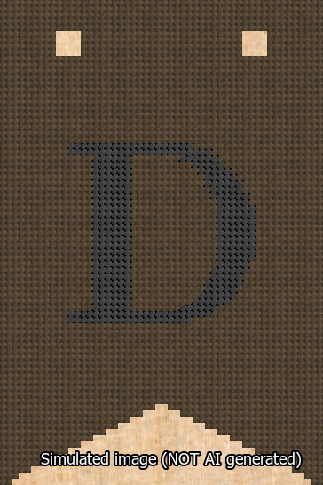 A simulated image of the stitched needlepoint design: Banner 13m Forked D Black on Brown. Not A.I. generated.