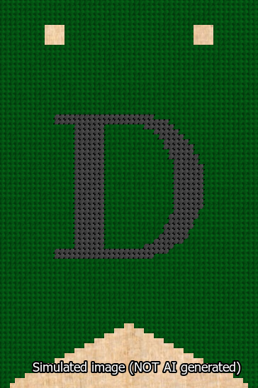 A simulated image of the stitched needlepoint design: Banner 13m Forked D Black on Green. Not A.I. generated.