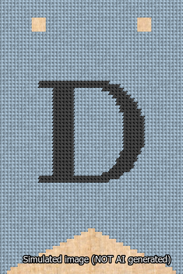 A simulated image of the stitched needlepoint design: Banner 13m Forked D Black on Light Blue. Not A.I. generated.