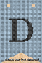 A simulated image of the stitched needlepoint design: Banner 13m Forked D Black on Light Blue. Not A.I. generated.