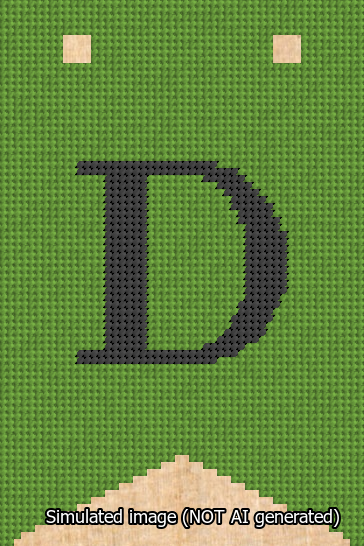 A simulated image of the stitched needlepoint design: Banner 13m Forked D Black on Light Green. Not A.I. generated.