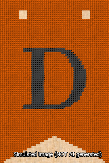 A simulated image of the stitched needlepoint design: Banner 13m Forked D Black on Orange. Not A.I. generated.