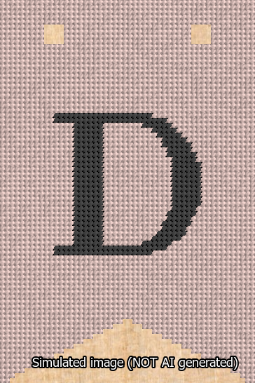 A simulated image of the stitched needlepoint design: Banner 13m Forked D Black on Pink. Not A.I. generated.
