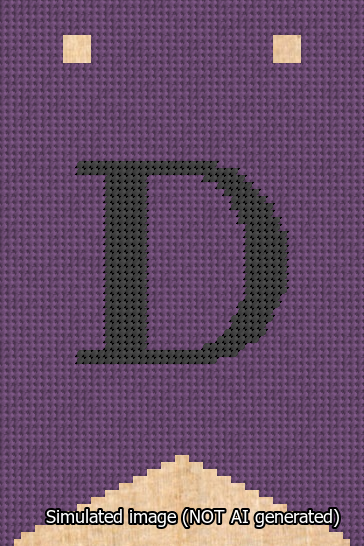 A simulated image of the stitched needlepoint design: Banner 13m Forked D Black on Purple. Not A.I. generated.