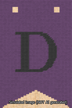 A simulated image of the stitched needlepoint design: Banner 13m Forked D Black on Purple. Not A.I. generated.