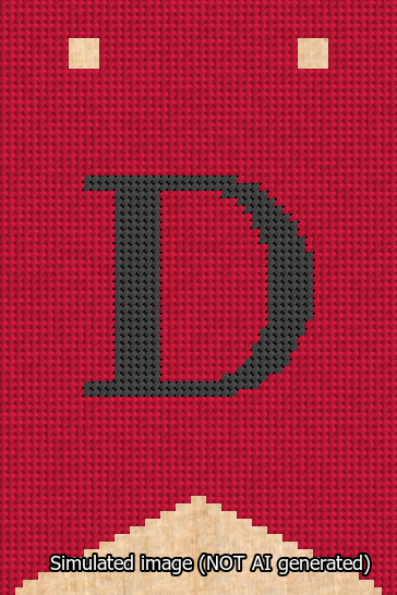 A simulated image of the stitched needlepoint design: Banner 13m Forked D Black on Red. Not A.I. generated.