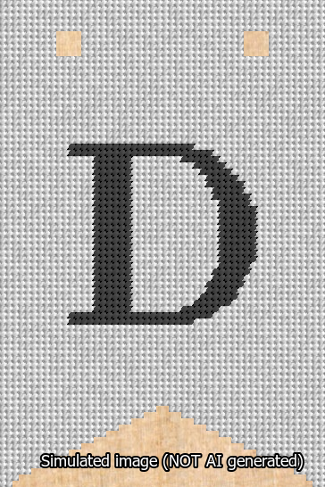 A simulated image of the stitched needlepoint design: Banner 13m Forked D Black on White. Not A.I. generated.