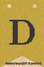 A simulated image of the stitched needlepoint design: Banner 13m Forked D Black on Yellow. Not A.I. generated.