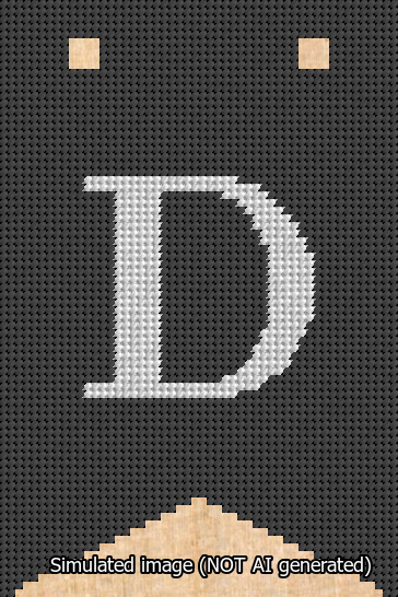 A simulated image of the stitched needlepoint design: Banner 13m Forked D White on Black. Not A.I. generated.