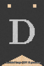 A simulated image of the stitched needlepoint design: Banner 13m Forked D White on Black. Not A.I. generated.