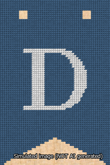 A simulated image of the stitched needlepoint design: Banner 13m Forked D White on Blue. Not A.I. generated.