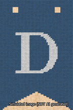 A simulated image of the stitched needlepoint design: Banner 13m Forked D White on Blue. Not A.I. generated.