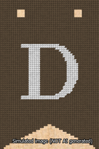 A simulated image of the stitched needlepoint design: Banner 13m Forked D White on Brown. Not A.I. generated.