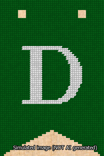 A simulated image of the stitched needlepoint design: Banner 13m Forked D White on Green. Not A.I. generated.