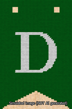 A simulated image of the stitched needlepoint design: Banner 13m Forked D White on Green. Not A.I. generated.