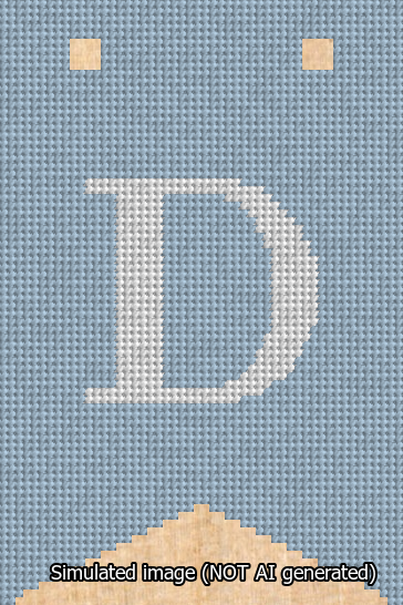 A simulated image of the stitched needlepoint design: Banner 13m Forked D White on Light Blue. Not A.I. generated.
