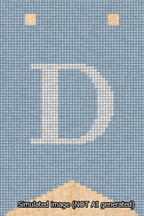 A simulated image of the stitched needlepoint design: Banner 13m Forked D White on Light Blue. Not A.I. generated.
