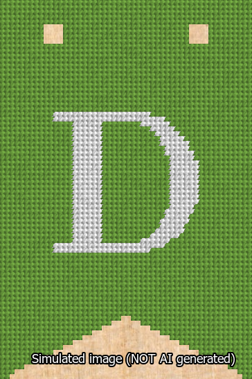 A simulated image of the stitched needlepoint design: Banner 13m Forked D White on Light Green. Not A.I. generated.