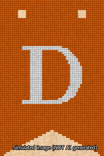 A simulated image of the stitched needlepoint design: Banner 13m Forked D White on Orange. Not A.I. generated.